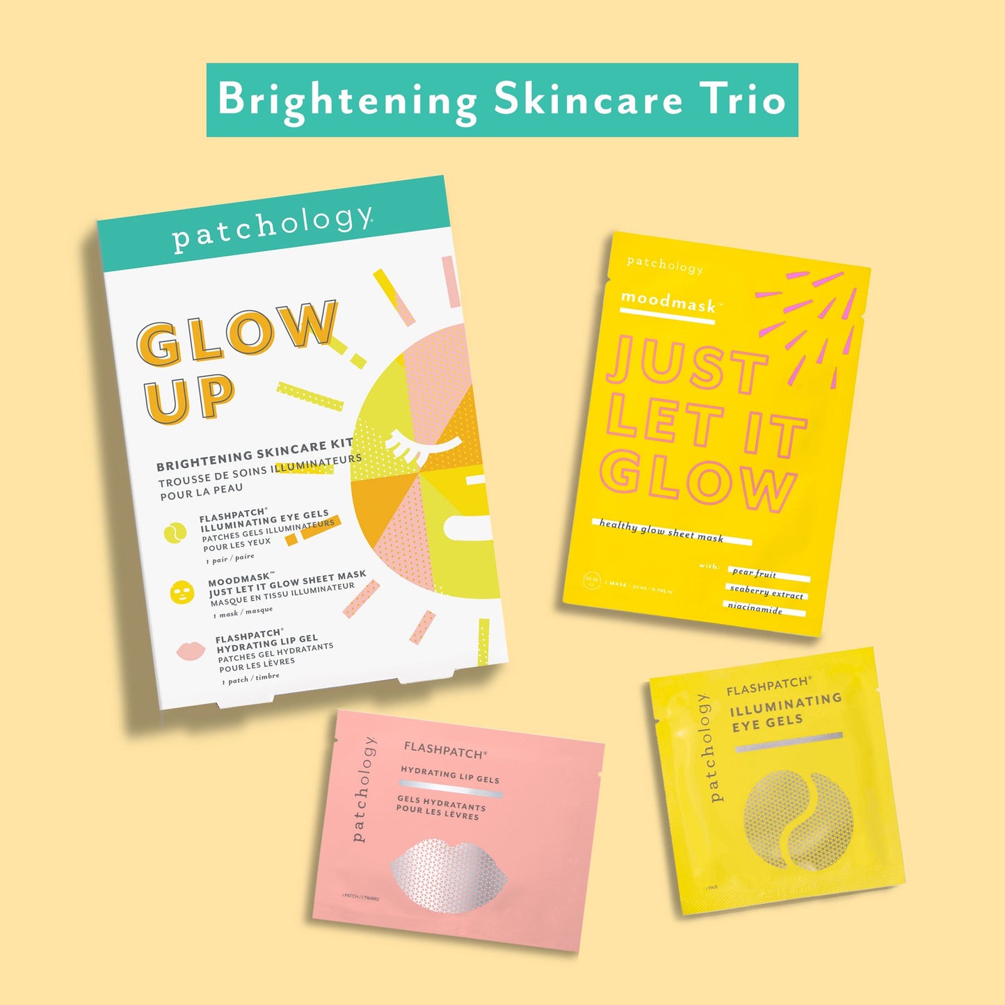 Patchology Glow Up Brightening Skincare Kit With Radiance Mask & Eye and Lip Gel