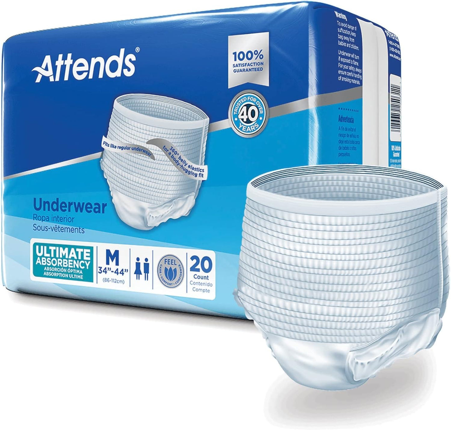 Attends Underwear for Adult Incontinence Care – Quick-Dry Channels, Ultimate Absorbency, Unisex, Medium, 20 Count (Pack of 4)
